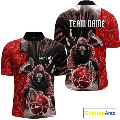 Custom Red Thunder Lightning Grim Reaper Bowling Men Quarter-Zip Shirt, Halloween Bowler Outfit IPHW9840