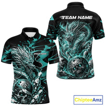 Load image into Gallery viewer, Personalised black and teal blue flaming dragon bowling shirt featuring a skull bowling ball and flying pins artwork