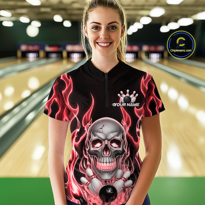 Custom Red Fire Flame Skull Bowling Women Quarter-Zip Shirt, Halloween Bowling Outfit IPHW9492