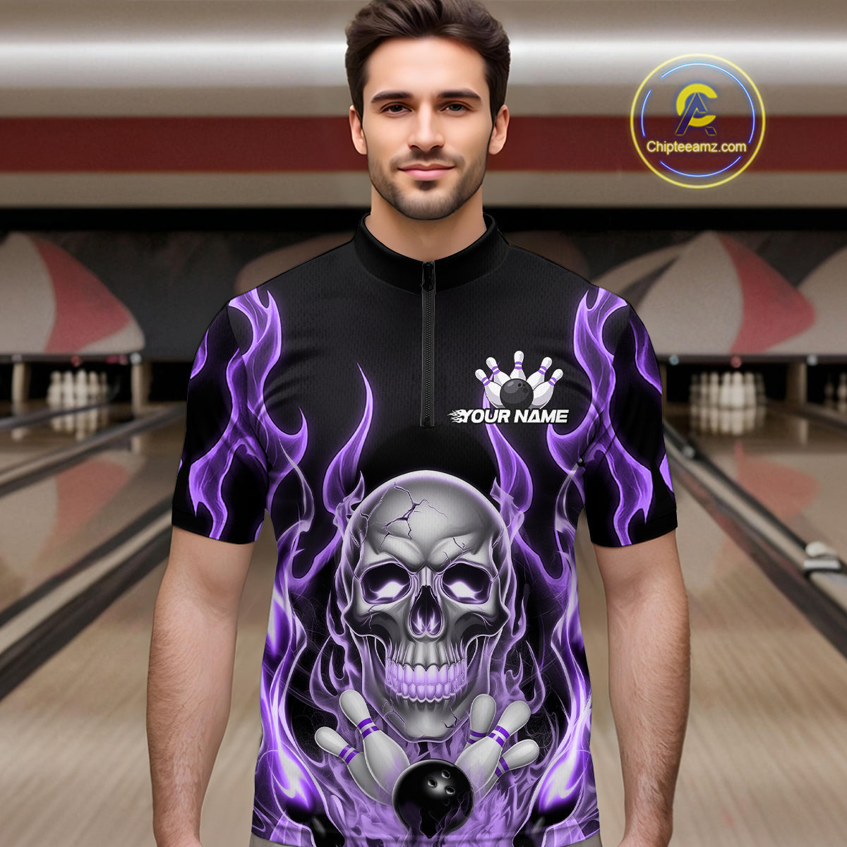 Custom Purple Fire Flame Skull Bowling Quarter-Zip Shirts For Men, Halloween Bowling Team Outfit IPHW9493