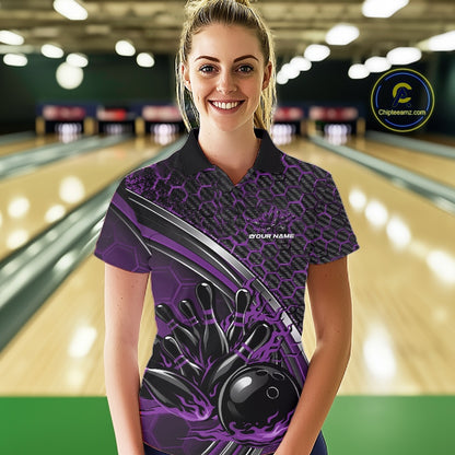 Female model in a bowling alley wearing a black and purple polo shirt with honeycomb accents and a dynamic flame bowling action illustration.