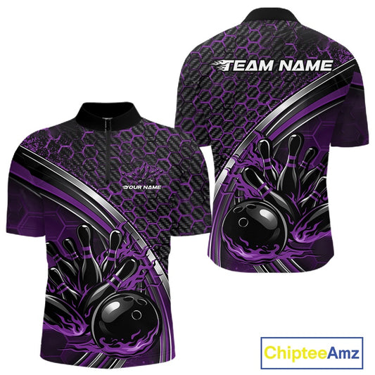 Front and back view of a mens bowling quarter zip shirt mockup in black and purple, featuring honeycomb pattern with a flaming bowling ball hitting pins.