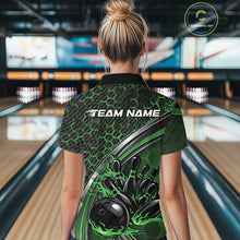Load image into Gallery viewer, Custom Green Flame Bowling Women Polo Team Shirt, Hexagon Pattern Bowling Jerseys IPHW11312