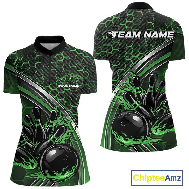 Women s bowling quarter zip mockup shown from front and back with a honeycomb pattern and flaming bowling ball and pins artwork in black and green.