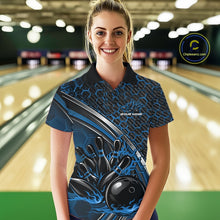 Load image into Gallery viewer, Custom Blue Flame Bowling Women Polo Team Shirt, Hexagon Pattern Bowling Jerseys IPHW11313