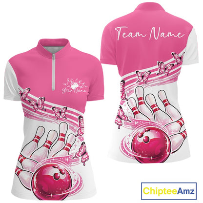 Front and back mockup of a womens white and pink bowling quarter zip showcasing butterfly graphics and bowling-themed artwork