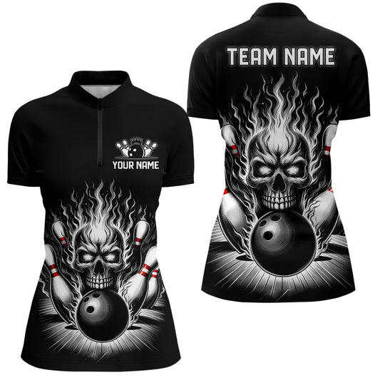 Personalized Ladies Skull Bowling Shirt Custom Name Flame Bowler Jerseys | Black And White IPHW6514