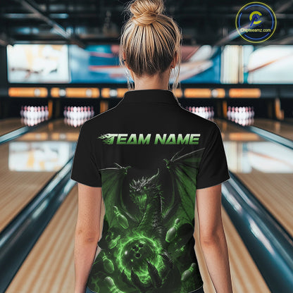 Custom Green Dragon Flame Bowling Team Women Polo Shirt, Bowling League Shirt IPHW11669