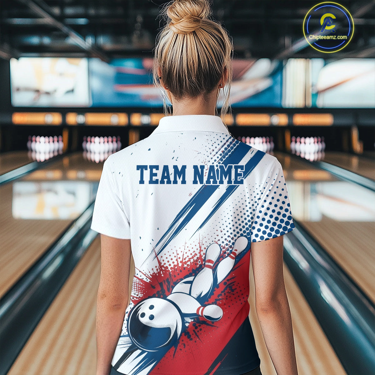 Custom Red, White And Blue Patriotic US Flag Bowling Polo Shirts For Women, Team Uniform IPHW9542