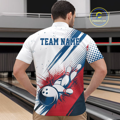 Custom Red, White And Blue Patriotic US Flag Bowling Quarter-Zip Shirts For Men, Team Uniform IPHW9542