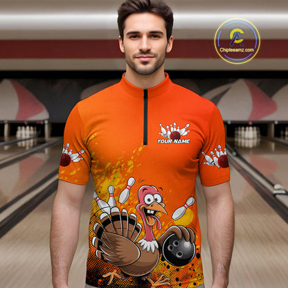 Custom Funny Turkey Bowling Thanksgiving Bowing Outfit Team Quarter-Zip Shirts For Men IPHW9786
