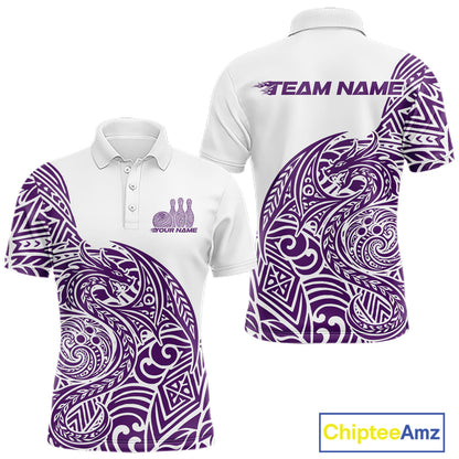 Custom Purple And White Tribal Dragon Men Bowling Polo Shirt, Polynesian Bowling Shirt IPHW10343