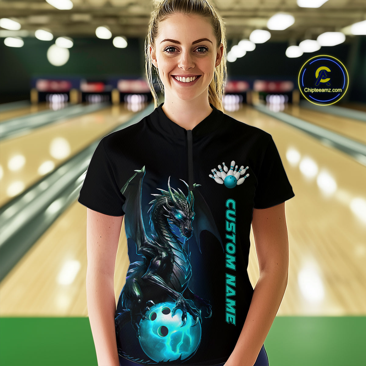 Custom Women Bowling Quarter Zip Shirts Blue Dragon Bowling Team Jerseys Bowling League IPHW5351