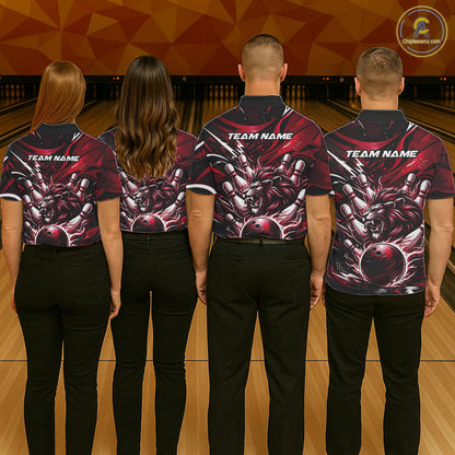 Custom Red Flame Bowling Ball Lion Bowling Jerseys, Lion Men Polo Bowling Shirt IPHW10351