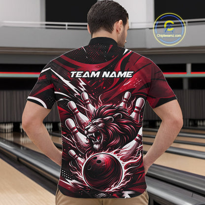Custom Red Flame Bowling Ball Lion Bowling Jerseys, Lion Men Quarter-Zip Bowling Shirt IPHW10351