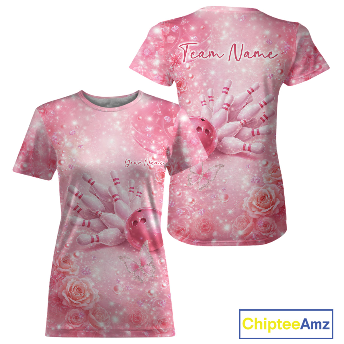 Front and back view of a women’s crewneck bowling T-shirt featuring a pink bowling ball striking pins with butterflies and diamond sparkle effects.