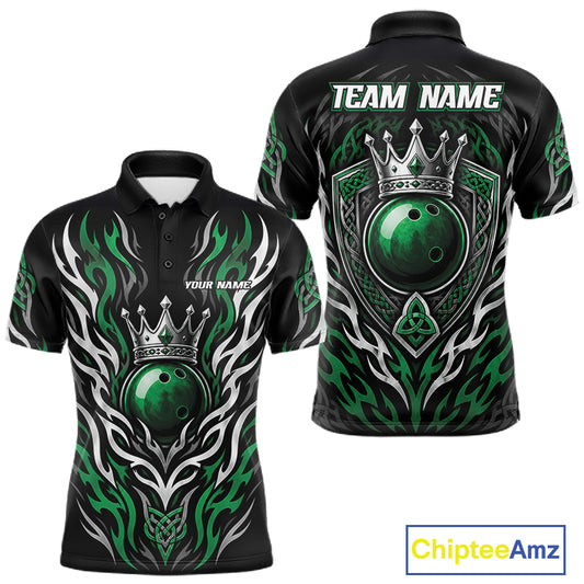 Custom Black And Green Irish Tribal Pattern Bowling Ball With Crown Men Polo Shirt IPHW11692