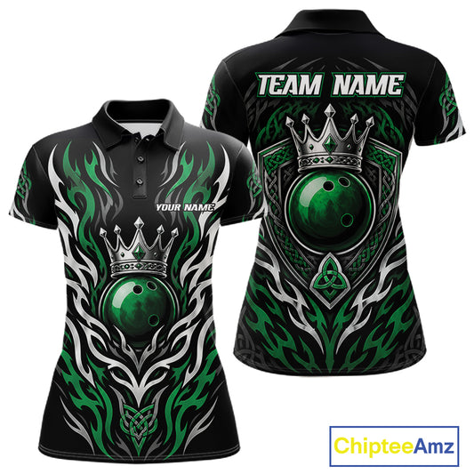 Custom Black And Green Irish Tribal Pattern Bowling Ball With Crown Women Polo Shirt IPHW11692