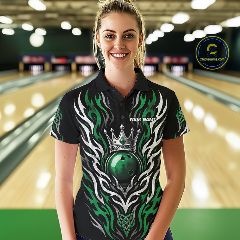 Custom Black And Green Irish Tribal Pattern Bowling Ball With Crown Women Polo Shirt IPHW11692