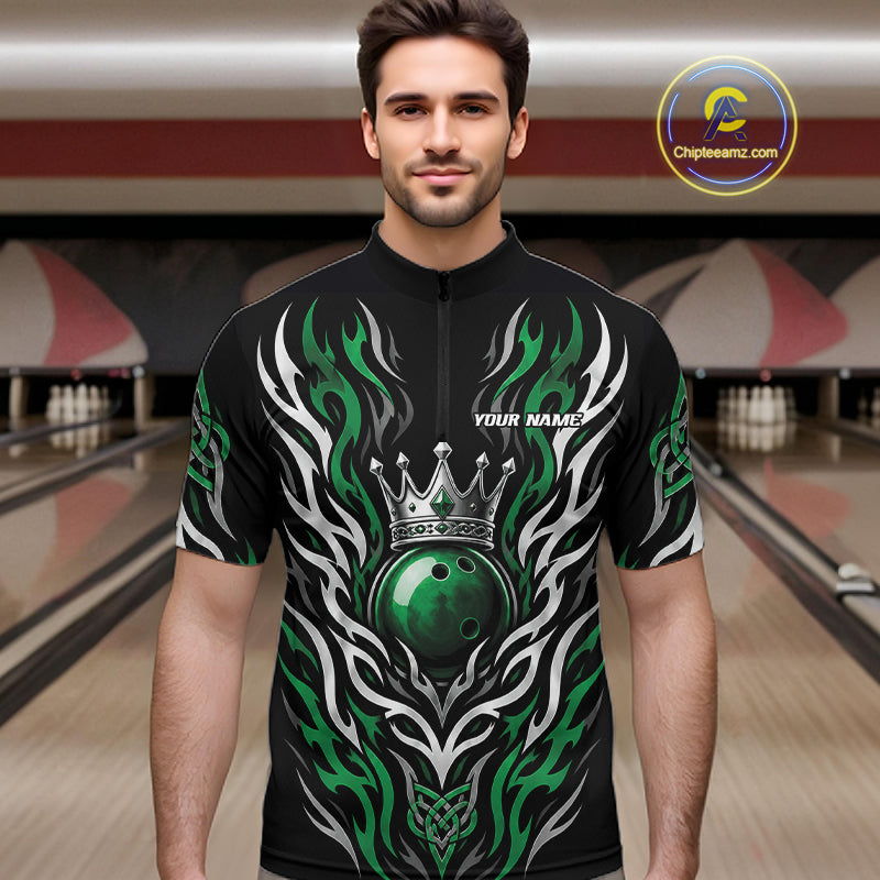 Custom Black And Green Irish Tribal Pattern Bowling Ball With Crown Men Quarter Zip Shirt IPHW11692