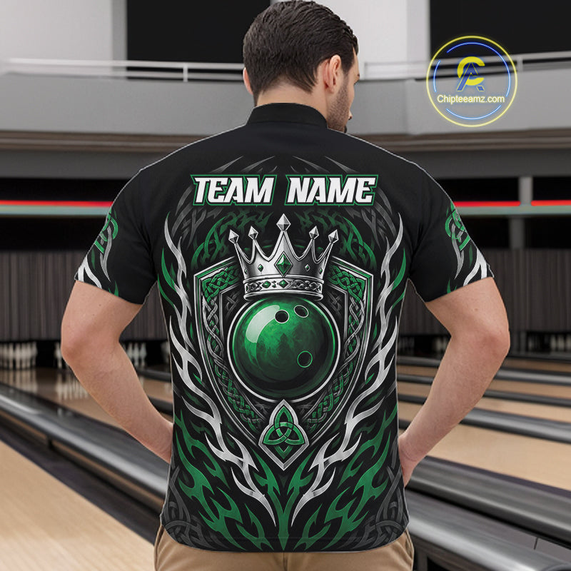 Custom Black And Green Irish Tribal Pattern Bowling Ball With Crown Men Quarter Zip Shirt IPHW11692
