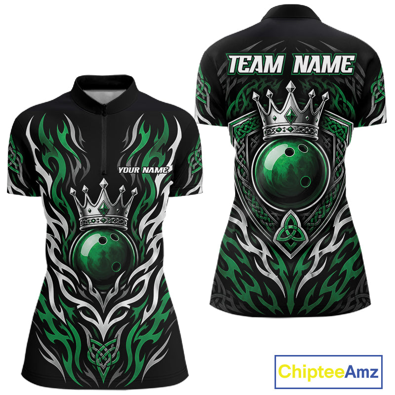 Custom Green Irish Tribal Pattern Bowling Ball With Crown Women Quarter-Zip Shirt IPHW11692