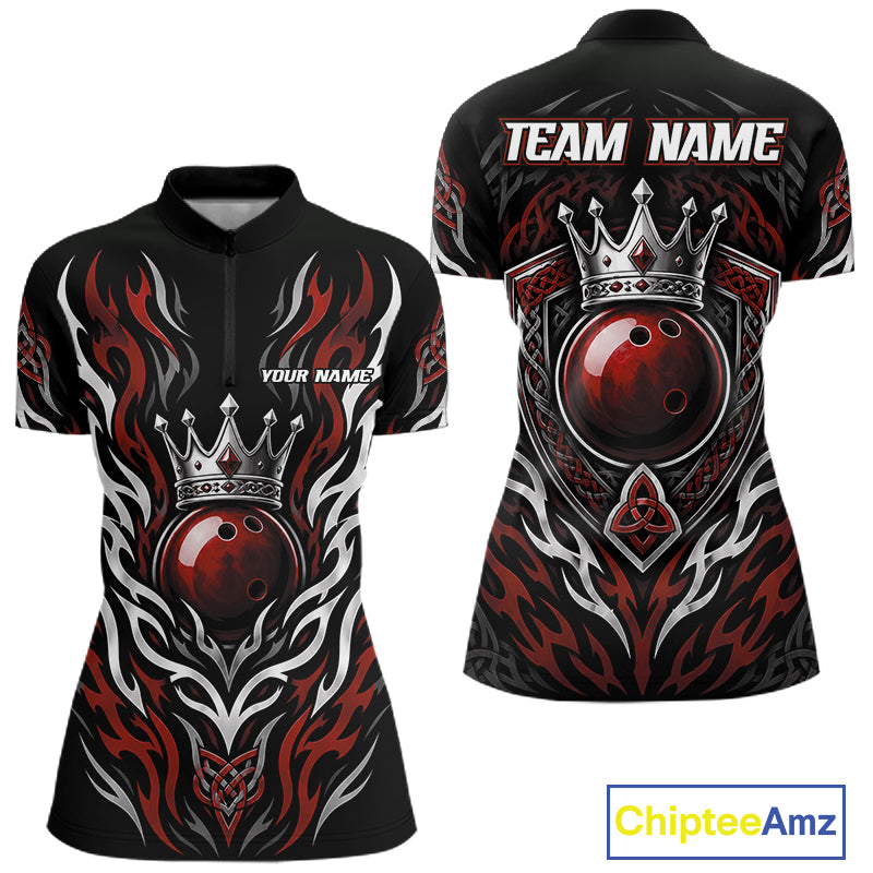 Custom Red Irish Tribal Pattern Bowling Ball With Crown Women Quarter-Zip Shirt IPHW11693