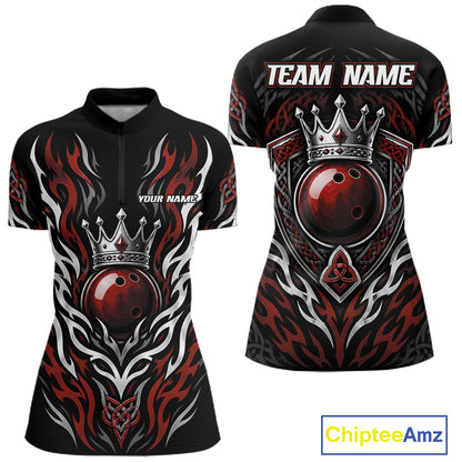 Custom Red Irish Tribal Pattern Bowling Ball With Crown Women Quarter-Zip Shirt IPHW11693