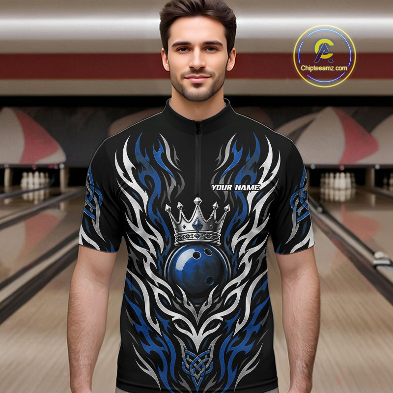 Custom Black And Blue Irish Tribal Pattern Bowling Ball With Crown Men Quarter Zip Shirt IPHW11694