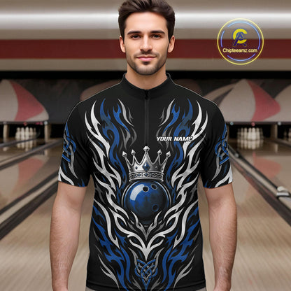 Custom Black And Blue Irish Tribal Pattern Bowling Ball With Crown Men Quarter Zip Shirt IPHW11694
