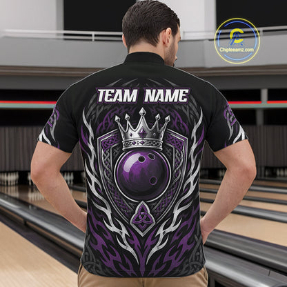 Custom Black And Purple Irish Tribal Pattern Bowling Ball With Crown Men Quarter Zip Shirt IPHW11695