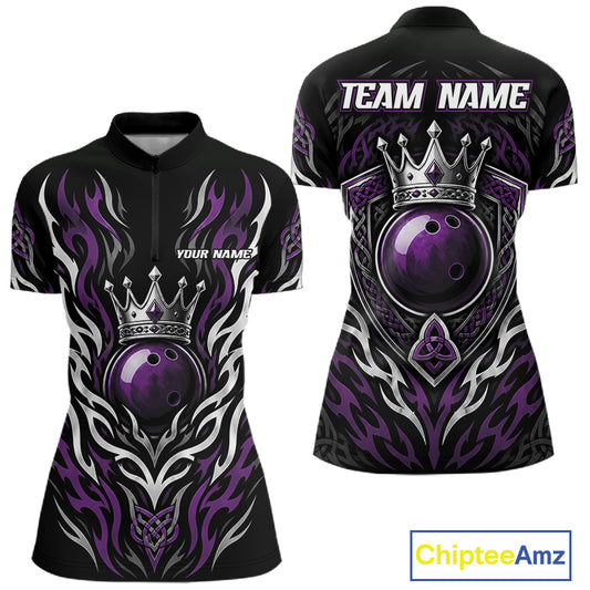 Custom Purple Irish Tribal Pattern Bowling Ball With Crown Women Quarter-Zip Shirt IPHW11695