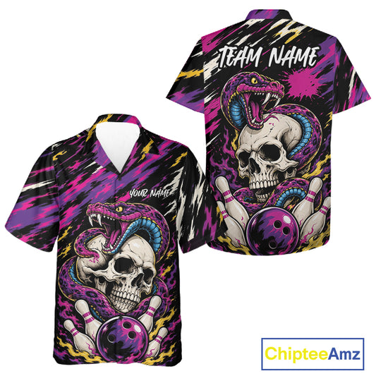 Custom Colorful Purple Snake And Skull Bowling Men And Women Hawaiian Shirt, Halloween Bowling Outfit IPHW11710