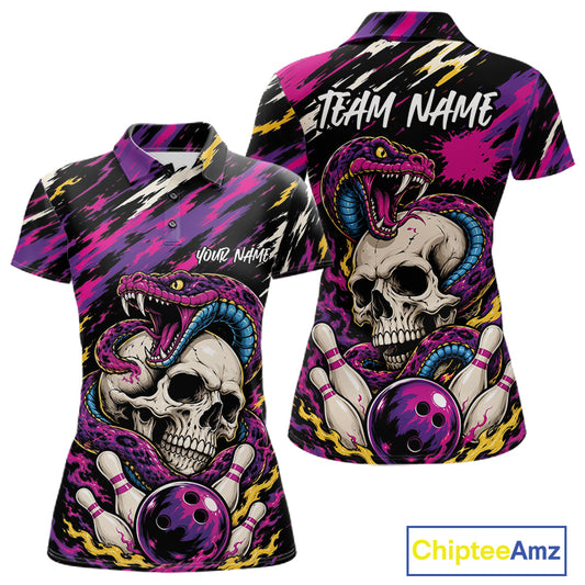 Custom Colorful Purple Snake And Skull Bowling Women Polo Shirt, Halloween Bowling Outfit IPHW11710