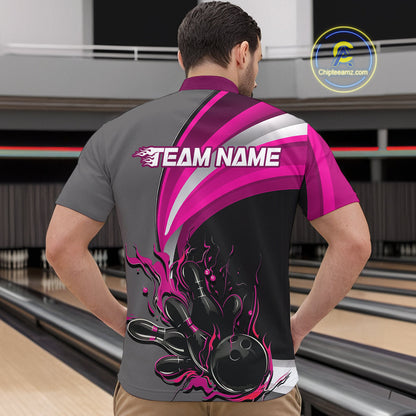 Custom Black, Pink And Gray Flame Bowling Quarter-Zip Shirts For Men, Bowling Team League Shirt IPHW9275