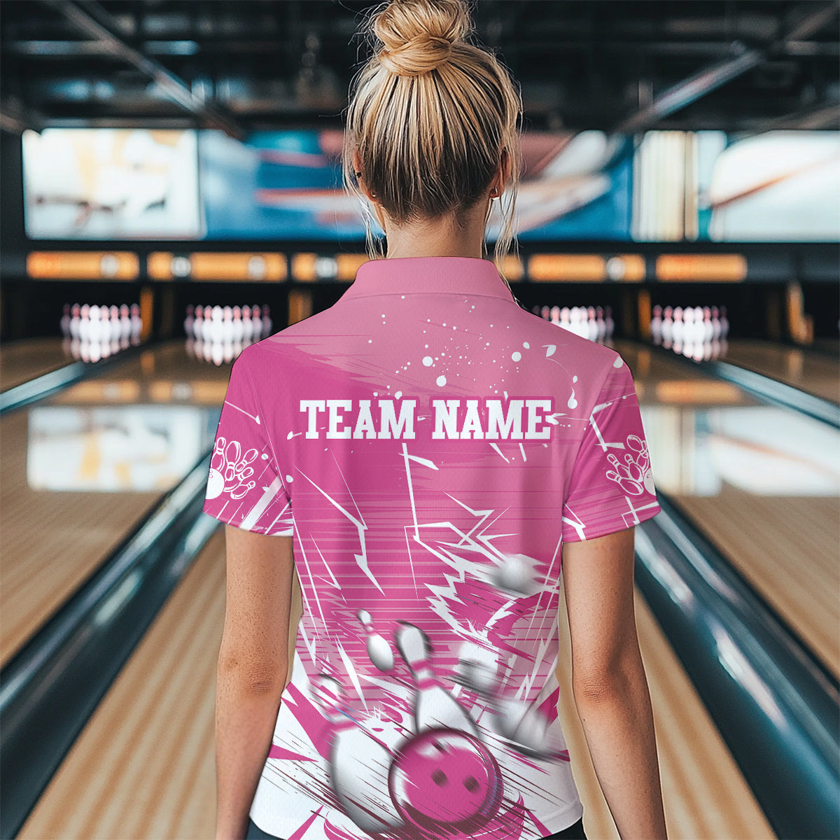 Custom White And Pink Bowling Team Women Polo Shirts, Bowling Ball And Pins Jerseys IPHW9601