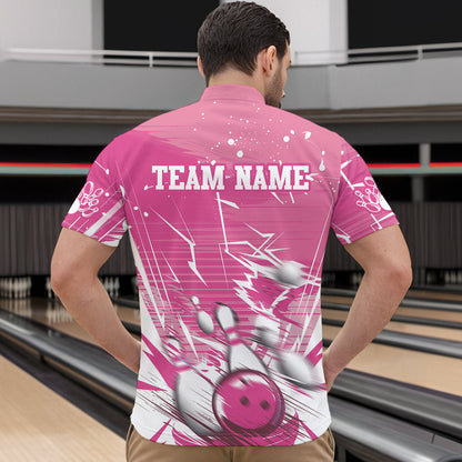 Custom White And Pink Bowling Team Men Quarter-Zip Shirts, Bowling Ball And Pins Jerseys IPHW9601