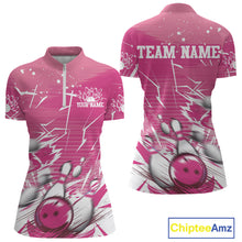 Load image into Gallery viewer, Custom White And Pink Bowling Team Women Quarter-Zip Shirt, Bowling Ball And Pins Jerseys IPHW9601