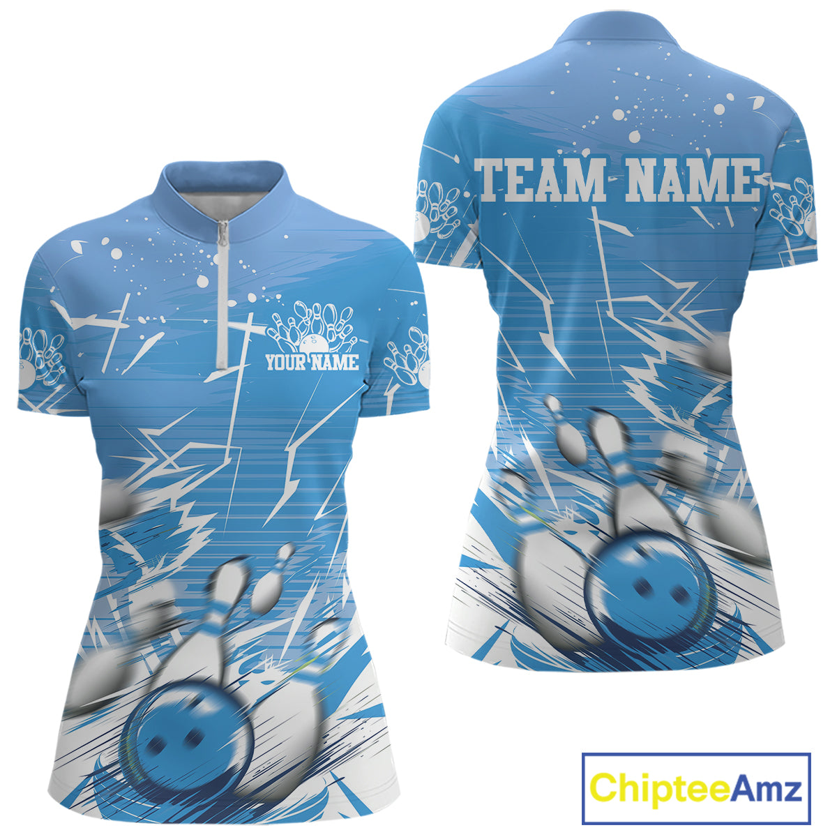 Custom White And Blue Bowling Team Women Quarter-Zip Shirt, Bowling Ball And Pins Jerseys IPHW9602