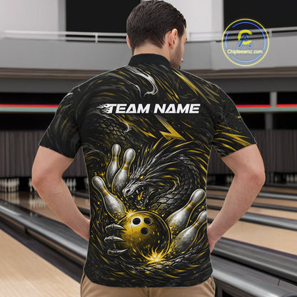 Custom Black And Gold Dragon Bowling Jerseys, Dragon Bowling Team Men Quarter-Zip Shirt IPHW10364