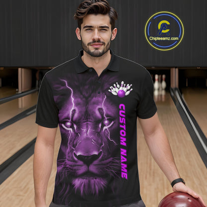 Custom Purple Thunder Lightning Lion Bowling Shirt For Men, Lion Bowling Team Jerseys IPHW10667