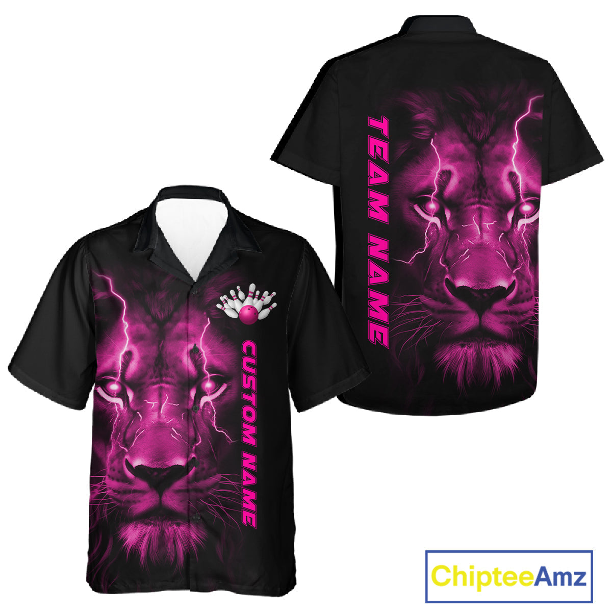 Custom Pink Thunder Lightning Lion Bowling Shirt For Men And Women, Lion Bowling Team Jerseys IPHW10670