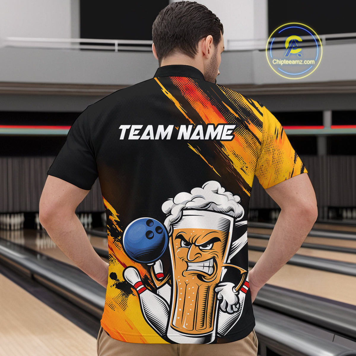 Custom Black And Yellow Funny Bowling And Beer Jerseys, Bowling Team Men Quarter-Zip Shirts IPHW9605