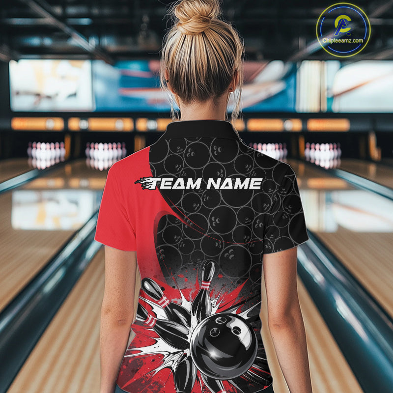 Custom Red Bowling Team Women Quarter Zip Shirt, Bowling Pattern Bowling League Shirt IPHW9623