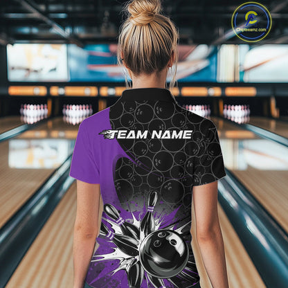 Custom Purple Bowling Team Women Quarter Zip Shirt, Bowling Pattern Bowling League Shirt IPHW9624