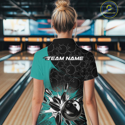 Custom Blue Bowling Team Women Quarter Zip Shirt, Bowling Pattern Bowling League Shirt IPHW9625