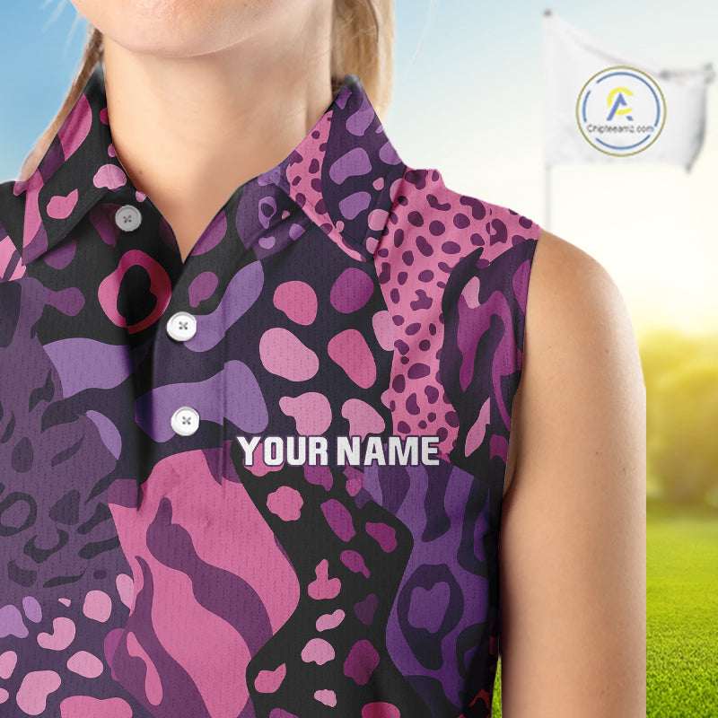 Pink and purple animal prints pattern Women Sleeveless Polo Shirt Custom ladies golf tops, golf gifts NQS10243