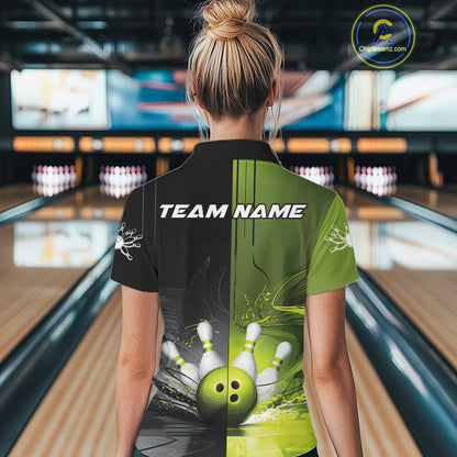 Half Black Half Green Custom Bowling Team Polo Shirts For Women, Bowling Tournament Shirt IPHW9445