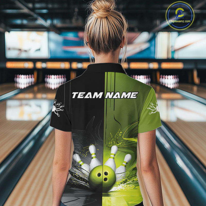 Half Black Half Green Custom Bowling Women Quarter-Zip Shirt, Bowling Tournament Shirt IPHW9445