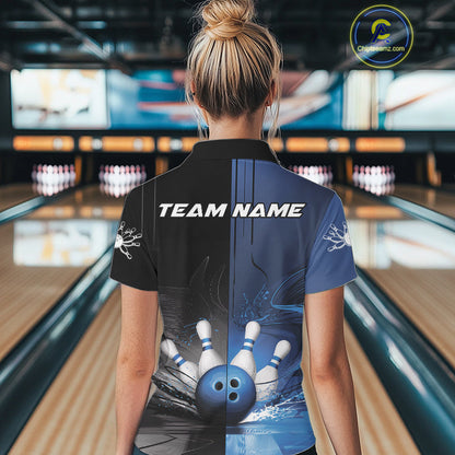Half Black Half Blue Custom Bowling Team Polo Shirts For Women, Bowling Tournament Shirt IPHW9446